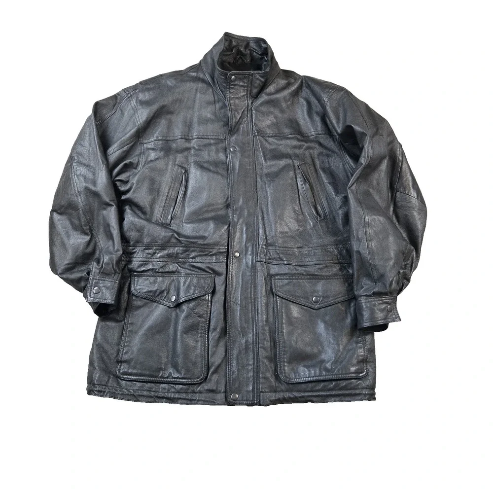 VTG John Ashford Men's Leather Coat Fully Lined High‎ Collar zip Snap Size XL